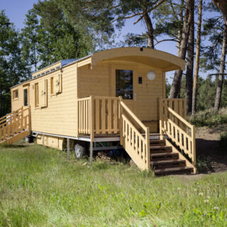 NAWALO Waldkindergartenwagen mit Terrasse und Treppe auf einer Wiese