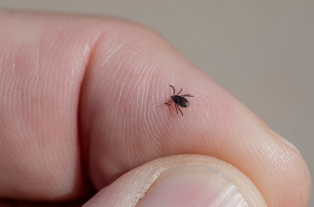 Zecke auf einem Finger, Symbolbild NAWALO Blog